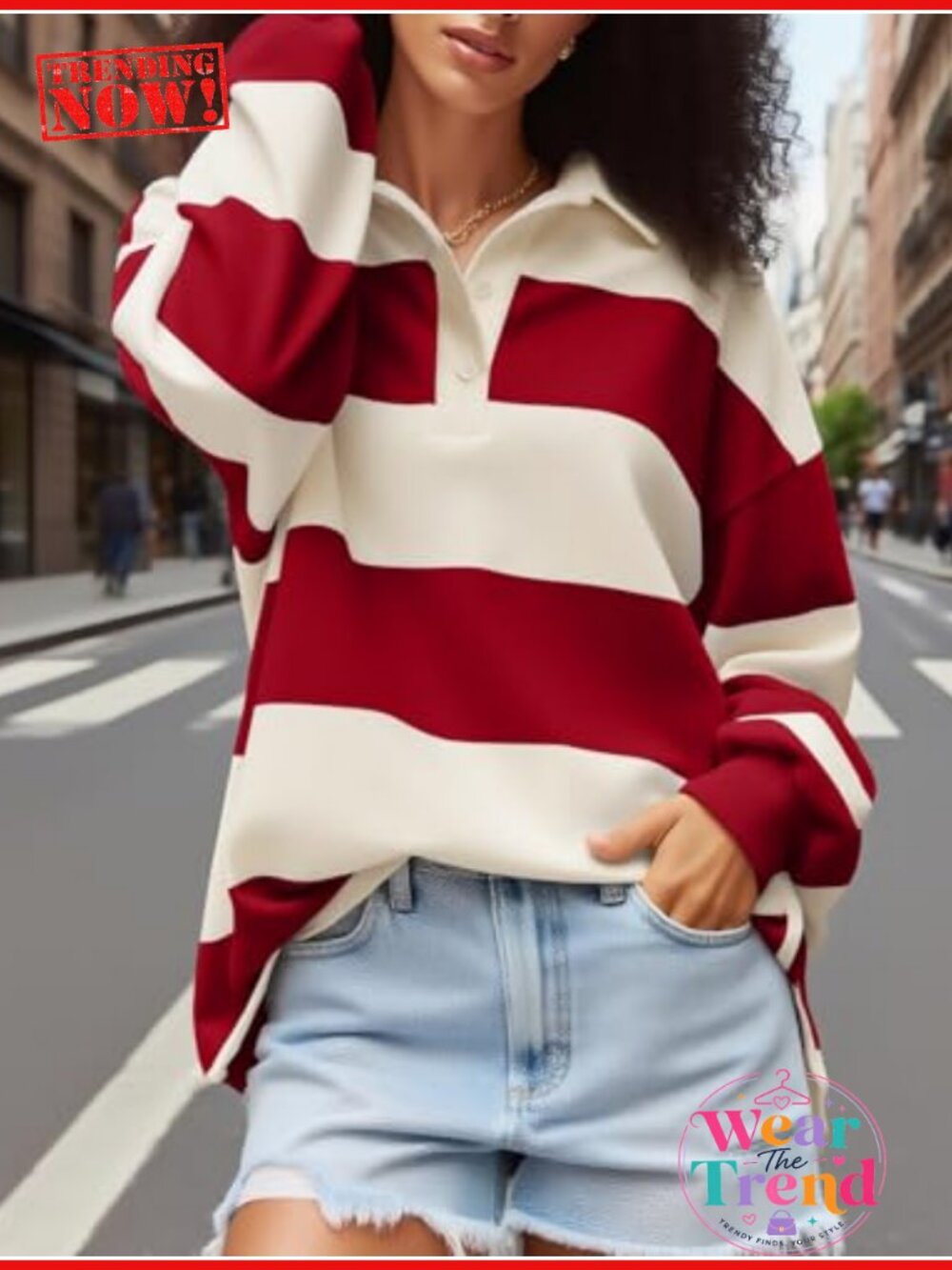 Oversized Striped Sweatshirt Pullover Button Collar Long Sleeve Women's